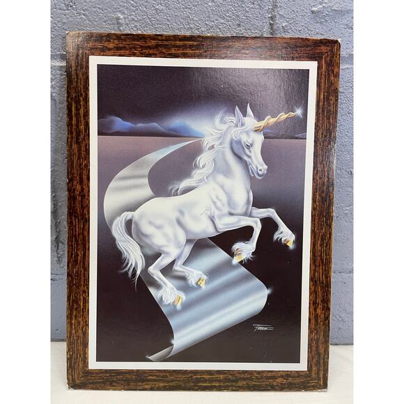Vintage 1980s Unicorn Fantasy Art Print On Press Board White Horse Ferraro - Picture 6 of 10